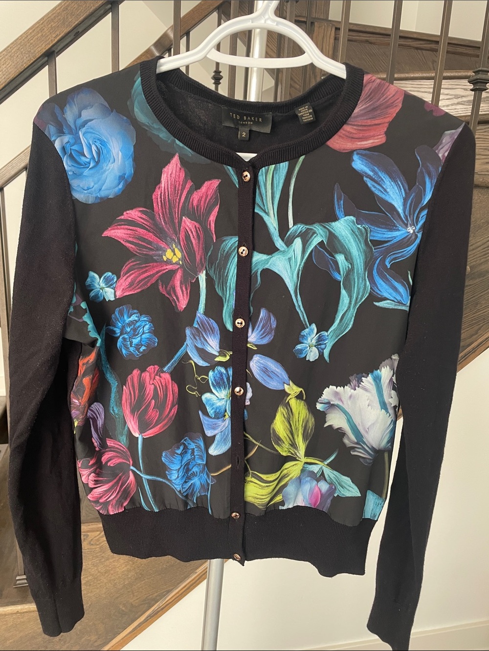 Ted Baker Black Floral Button-Front Cardigan with Multicolor Blooms